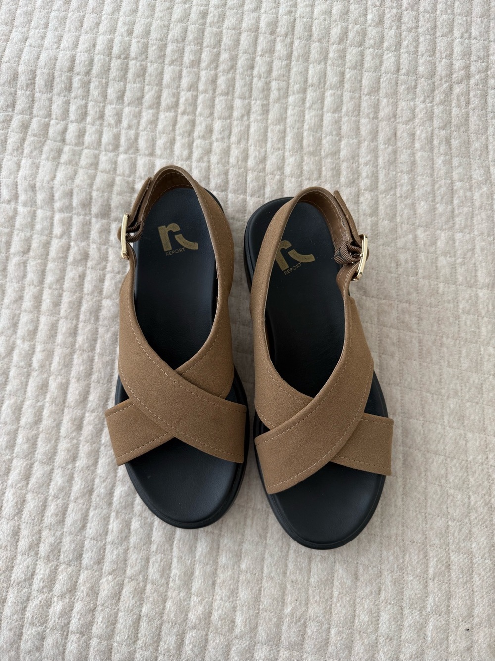 Report Tan Crisscross Slingback Sandals with Black Footbed
